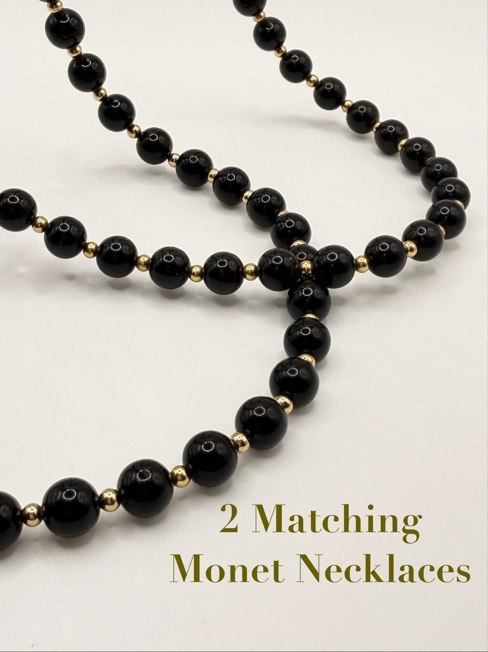 Vintage Monet Black Bead Necklace Set of 2 Gold Tone Long Layering